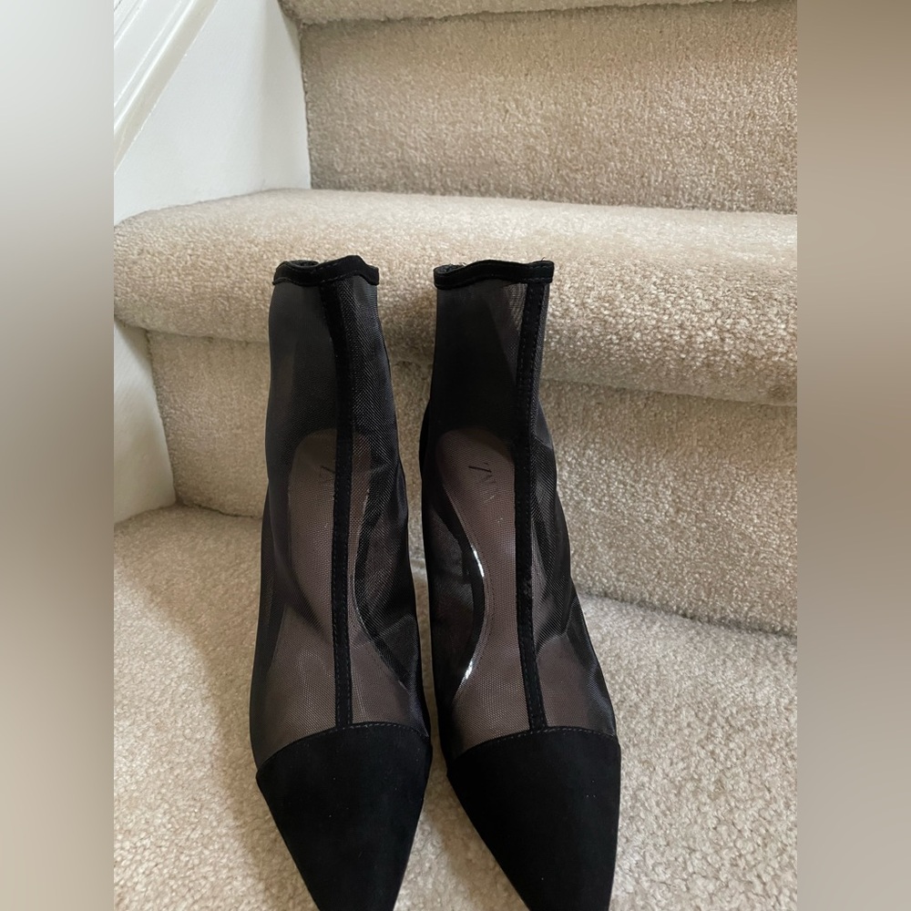 Zara Black Nylon Mesh High Heel Ankle Bootie - Size EU 37 / US 6.5.  3.75” Heel